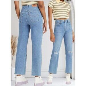 Levi's Ribcage Straight Ankle High-Rise Raw Hem Stretch Blue Jeans Women’s Sz 32